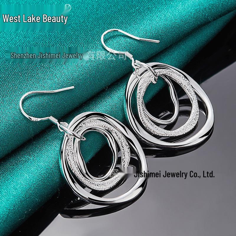 Silver Frosted Triple-Circle Wave Earrings - Women's Jewelry