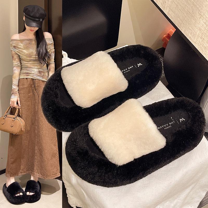 Thick-soled outer wear fluffy slippers women's autumn new one-word home plush slippers open-toed cotton slippers