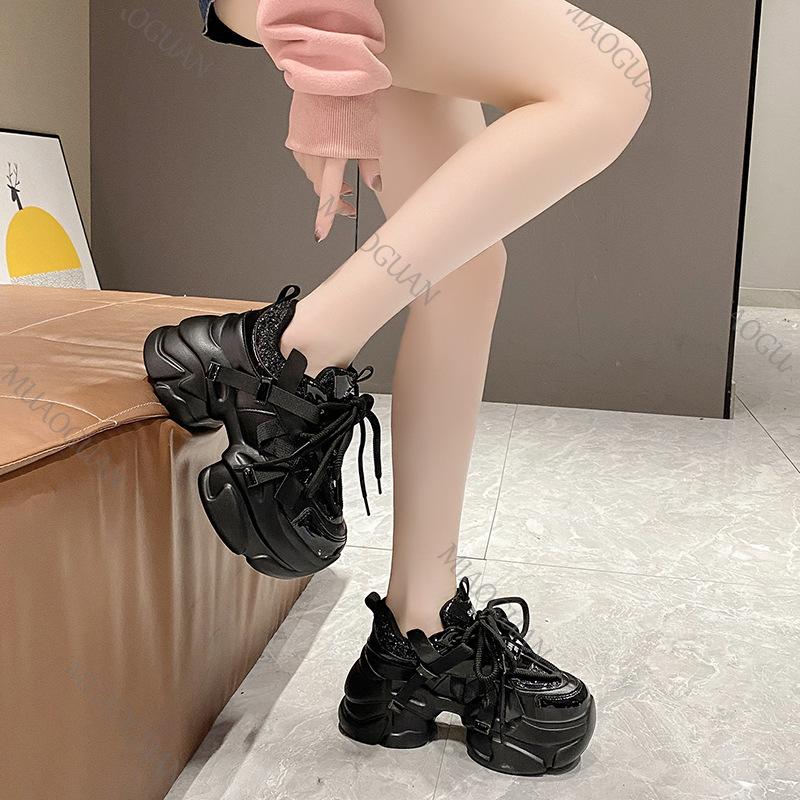 Fashion Women Platform Sneakers Spring Autumn 8cm Chunky High Heels Bling Red Ladies Wedges Casual Dad Shoes Leather Sports Sneakers