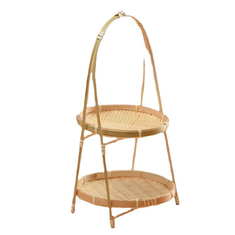 Handmade Round Handle Bamboo Basket - Tea, Fruit, Pastry Tray, Small Creative Multi-Layer Weaving