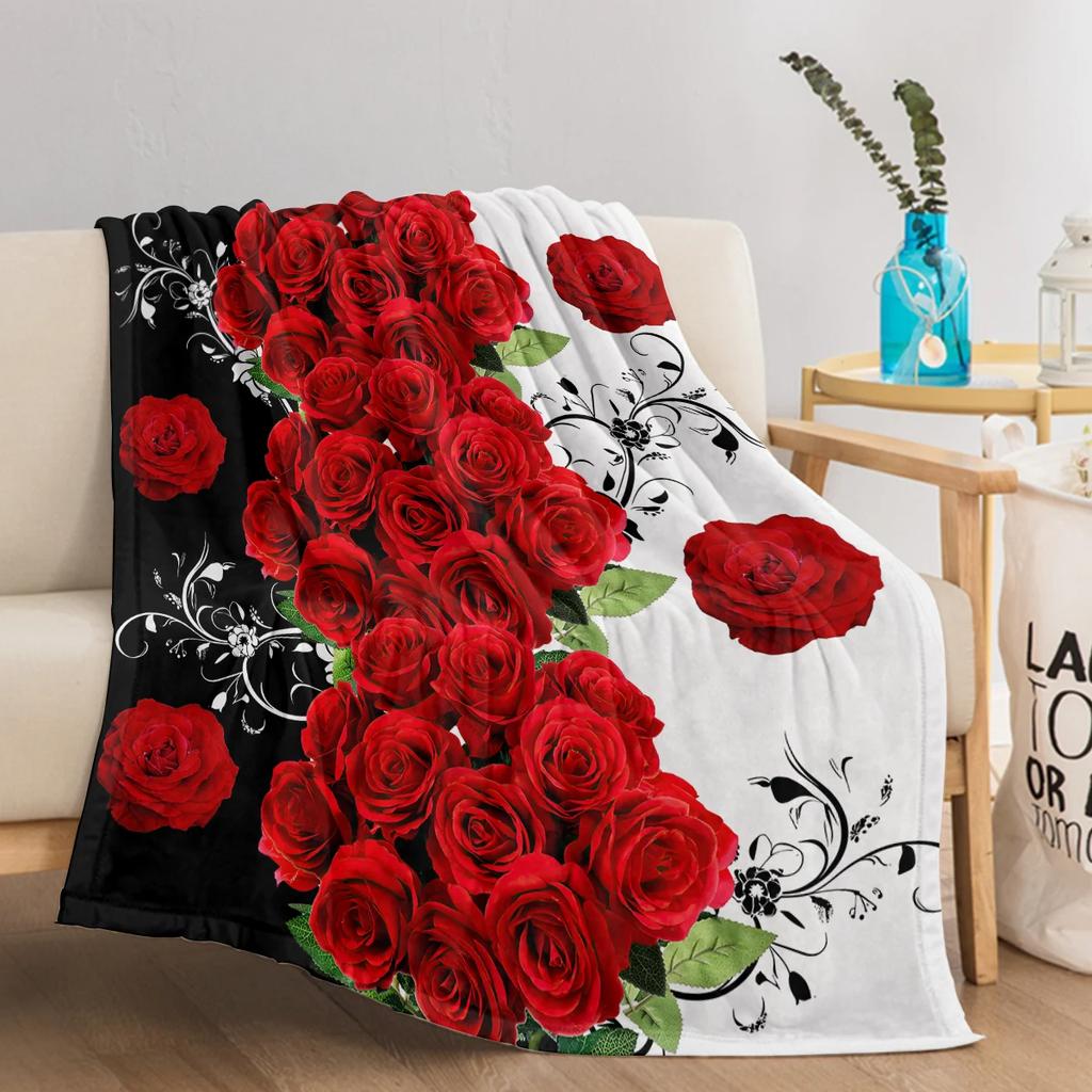 3D Rote Rosen Blumenmuster Decke Schwarz Weiß Splice Muster Warm Gemütlich Weich Überwurf für Alle Jahreszeiten für Couch Sofa Bett