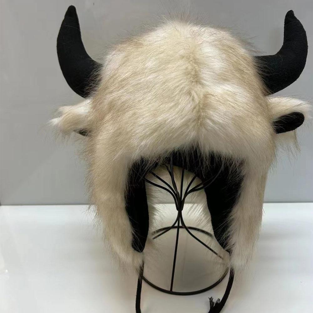

Kawaii Cow Horn Shaped Faux Fur Hat Man Woman Winter Thicken Warmer Ear Flap Funny Fluffy Hats Halloween Party Cosplay Props One Size бежевий