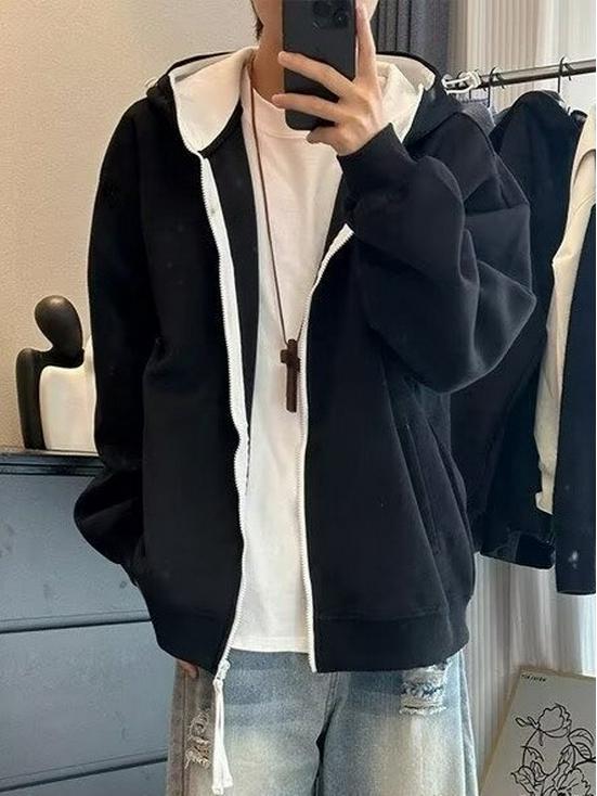 LOGO Unisex Färgblockerad Huvtröja med Dragkedja: Trendig Höst Casual Jacka