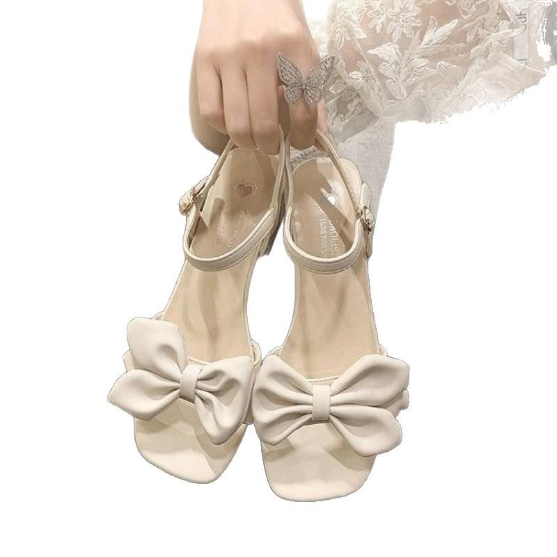 Französische High Heels Damen Sommer 2025 neue Mode vielseitige Schleife bequem Wort mit dickem Absatz Sandalen Damen