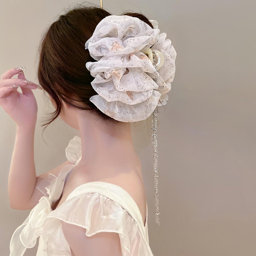 

Cloth Bow Hairgrips Mesh Rhinestones Chain Hair Claw Shark Clip for Women Super Fairy Sweet білий