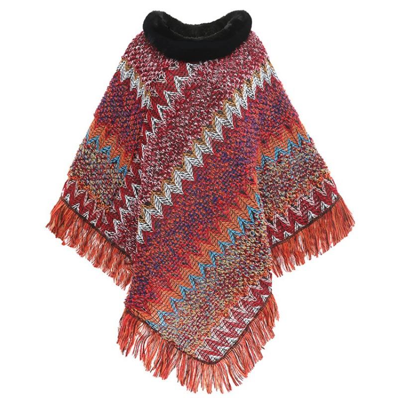 Color Ethnic Style Pullover Cape Women's Fur Collar Women's Knitted Cape Warm Autumn and Winter Shawl