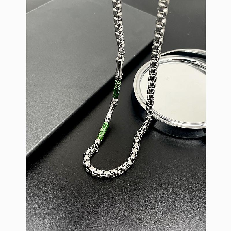 Stainless Steel Geometric Necklace For Men With Green Bamboo Beads Handmade Vintage Style