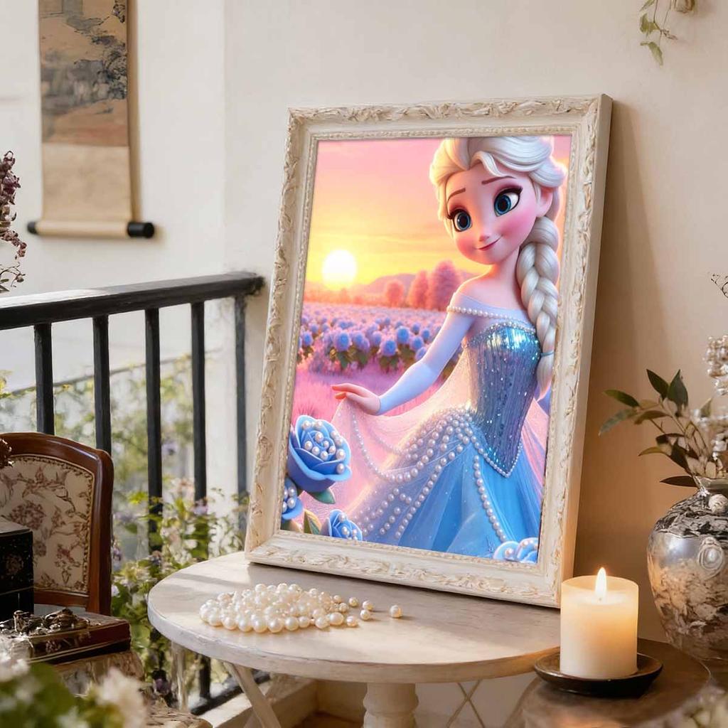Blue Rose Sunset Elsa Pearl-Inlaid Frameless Art | Handmade Pearl Craft, Blue Rose Theme, for Soft Dreamy Home Decor & Gift Option