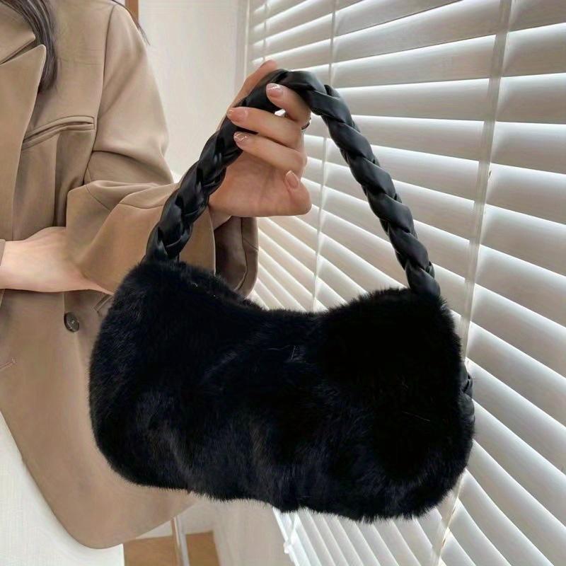 Elegant Shoulder Bag Braided Handbag Soft Plush Underarm Bag Women's Large Capacity Fashionable Lady Party Tote Bag Underarm