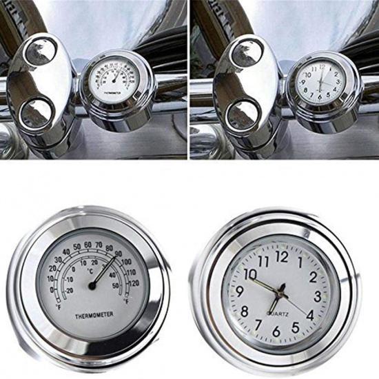 7/8  1  Handlebar Chrome White Dial Clock and Thermometer for Yamaha for Kawasaki for Suzuki (White)