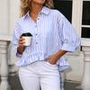Camicia a righe da donna con bottoni, Blusa a maniche 3/4 con colletto e bordo arricciato, Top peplo cropped casual
