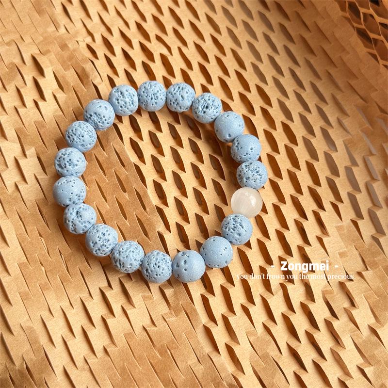Embrace the Moon: Blue & White Cat s Eye Bracelet with Natural Volcanic Stone