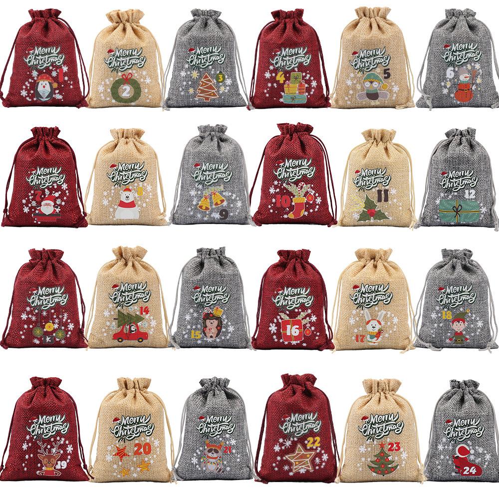 Conjunto de 24 Sacos de Presente de Natal 24 Calendário de Chegada Saco de Cordão de Doces de Natal Saco de Cordão de Linho de Natal