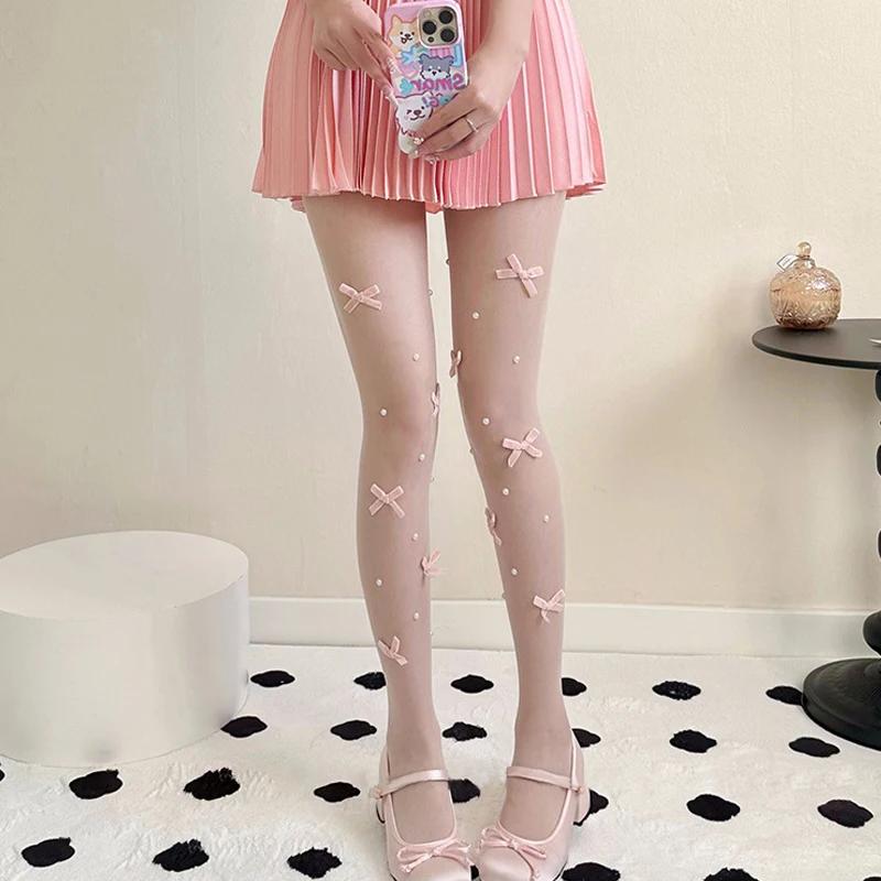 1/2Pairs Sexy Bow Lace Tights Women Bowknot Pearl Hollow Mesh Fishnet Thigh High Stockings Jk Lolita Sweet Girls Tight Pantyhose