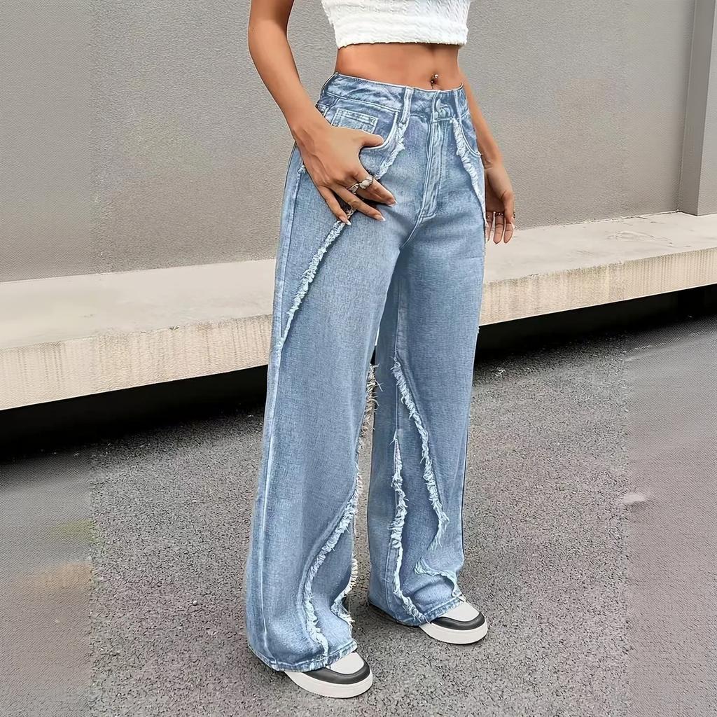 Women's Casual Wide Leg Jeans with and Patchwork, Denim Pants for Everyday Wear