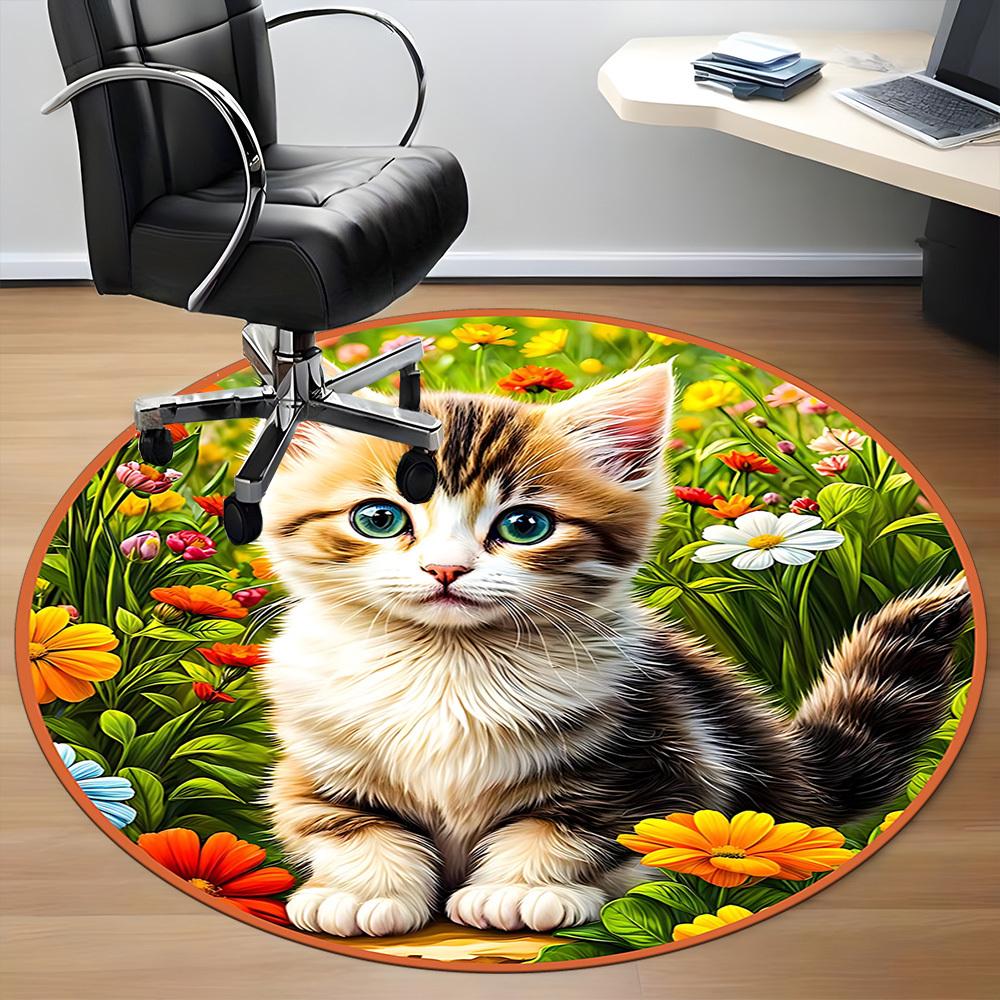 1pc Cat Flowers Office Round Rug, Carpet for Office, Gaming, Lightweight Round Floor Mat Yy260205021