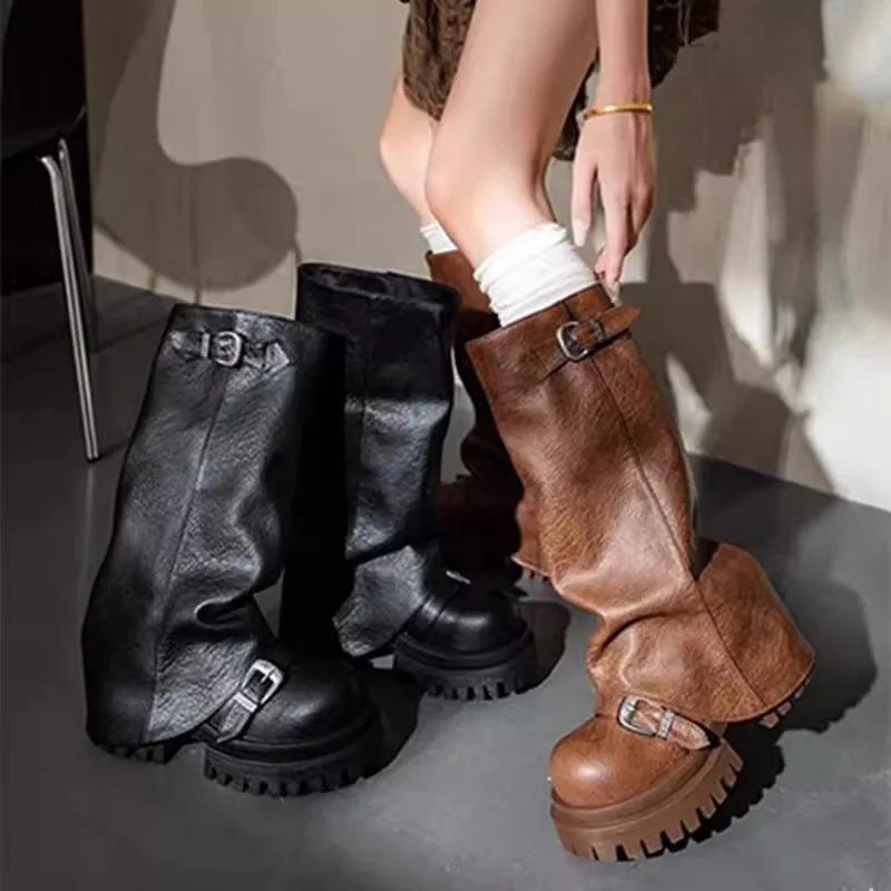 Fashion Platform Chunky Women High Boots Fad Buckle Leather Mid Heels Shoes 2025 Trend Designer Knee High Mortorcycle Winter Botas Mujer