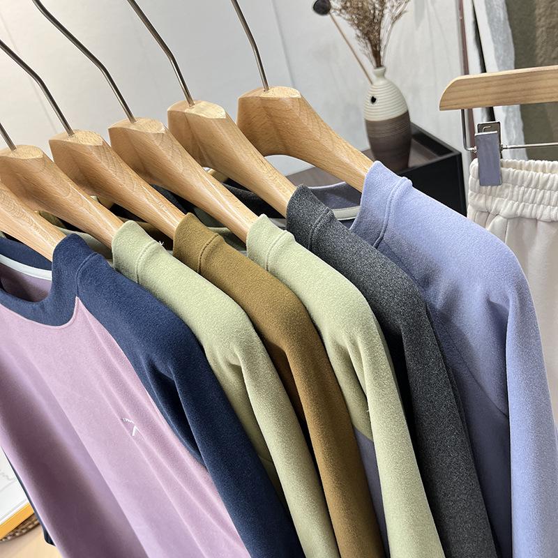 Unisex Outdoor Lightweight Color-Block Patchwork Round Neck Long Sleeve Fleece Base Layer T-Shirt