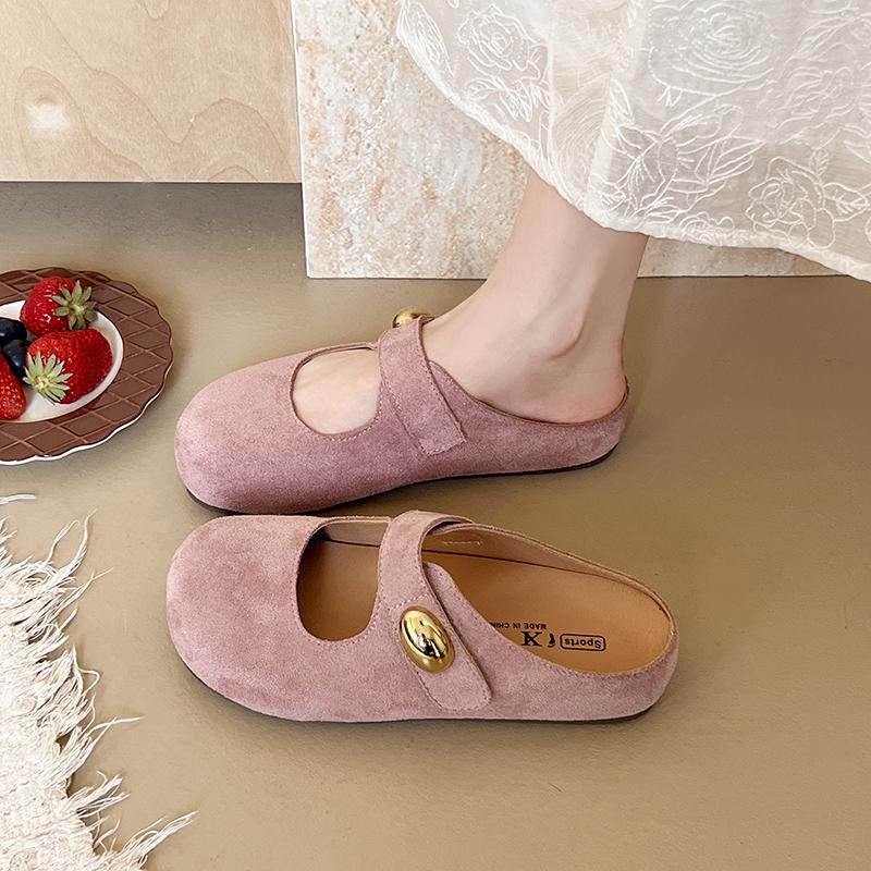 Fashion Aphixta Candy Color Flat With Women Slippers Cow Suede Metal Decoration Shoes Sweet Round Toe Slip On Outside Slide Mules