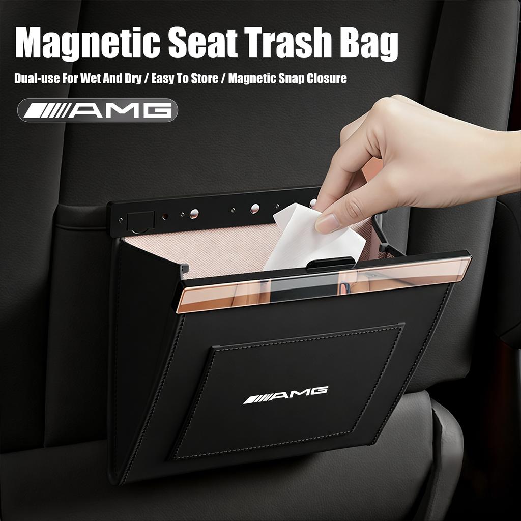 NRZV5 Car Garbage Bag With Back Seat Hanging Magnetic Adsorption Waterproof Leather Accessories Car Decal For Mercedes Benz AMG W214