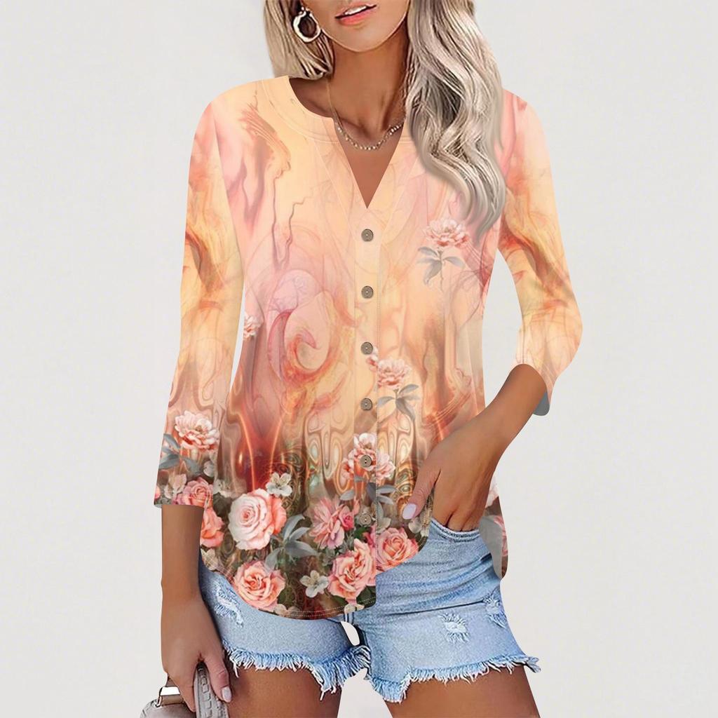 Women's Button Down Cardigan T Shirts 3/4 Sleeve V Neck Tees Casual  Fashion Printed T-shirt Tops