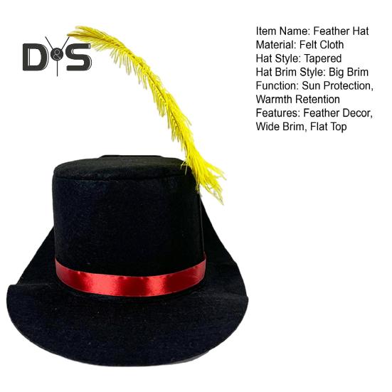 Unisex Feather Hat Stage Performance Hat Solid Color Felt Design Flat Top Wide Brim Snowman Hat Halloween Cosplay Hat for Adult And Children