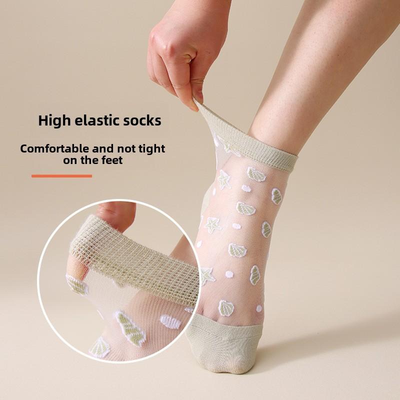 5 Pairs Women's Summer Thin Glass Fiber Midtube Socks Starfish Crystal Caisson Stockings