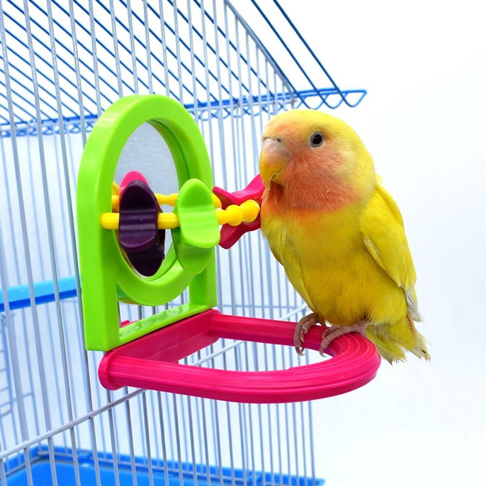Random Color Parrot Bell Toy with Mirror Hanging Removable Bird Cage Mirror with Bell Plastic Parrot Basketball Toy Canary