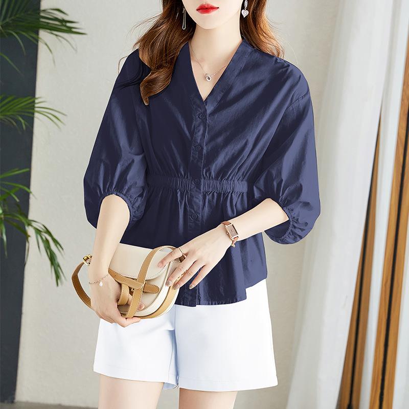 

Women s Ruffled Doll Shirt with Cinched Waist, V-Neck, Five-Point Sleeves, Loose Fit, Pure Cotton, Spring/Autumn. Extra Large темно-синього кольору