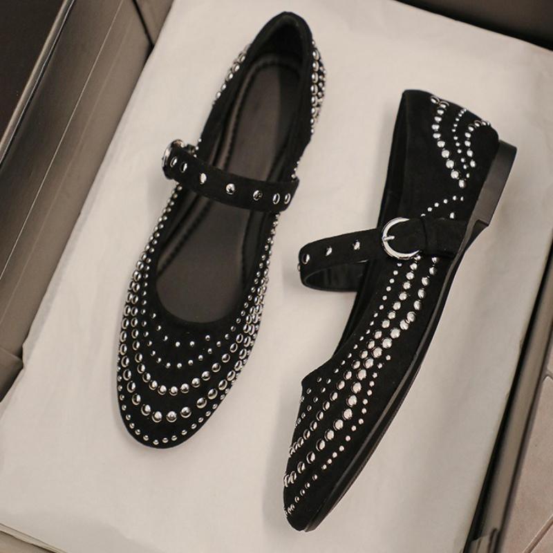 Fashion Retro Rivet Mary Jane Shoes Women Belt Buckle Shallow Round Toe Single Shoes Female Fashion Suede Elegant Dress Shoes Ladies