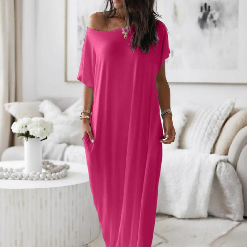 Summer new fashion women's solid color short-sleeved long casual dress