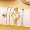 New Women's Roman Dial Gold Quartz Watch Bracelet Necklace Set, Fashionable Diamond-Embedded Quartz Wristwatch
