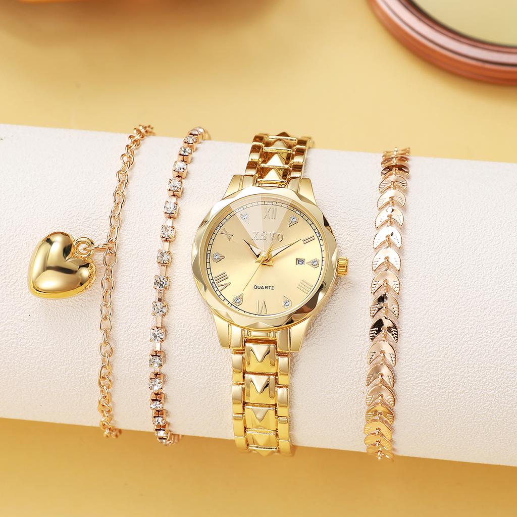New Women's Roman Dial Gold Quartz Watch Bracelet Necklace Set, Fashionable Diamond-Embedded Quartz Wristwatch
