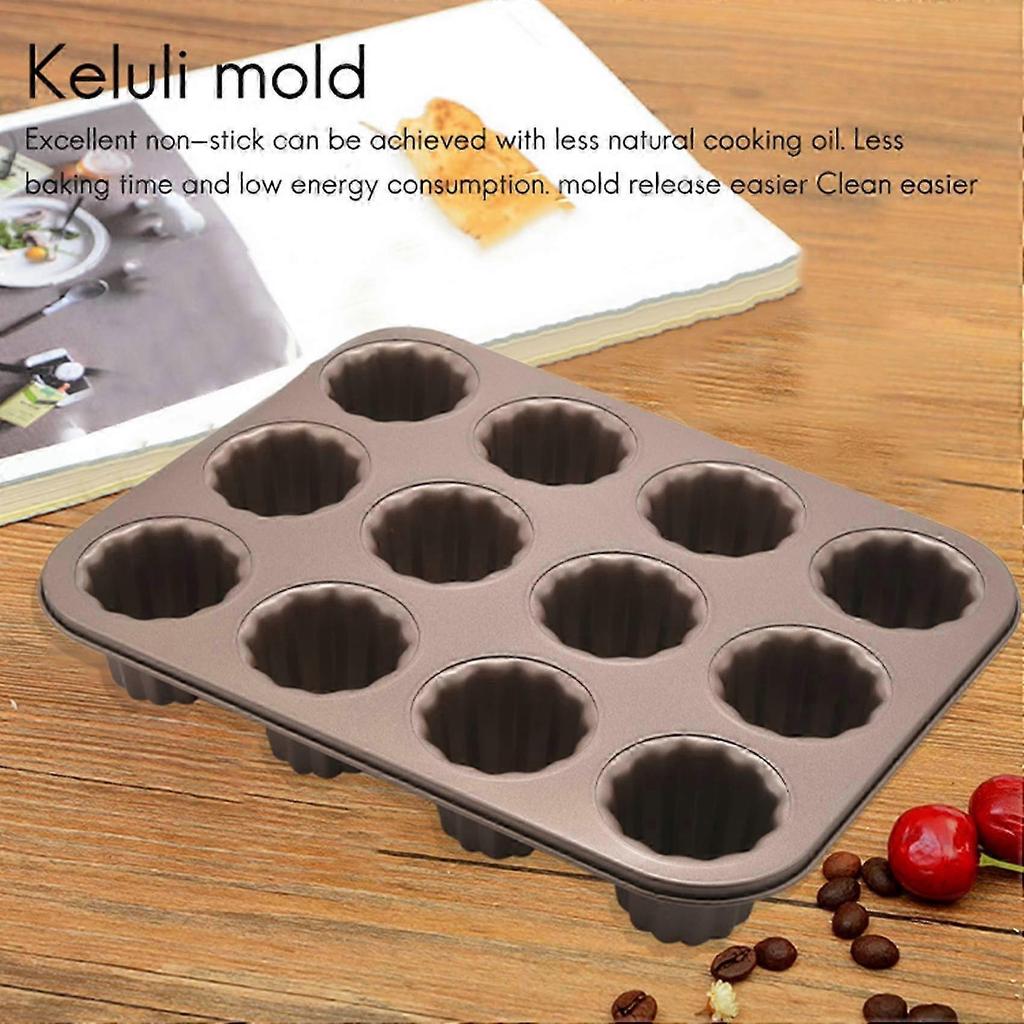 Canele Mold Cake Pan, 12-Cavity Non-Stick Cannele Muffin Bakeware Cupcake Pan for Oven Baking(Champa Edition 0630
