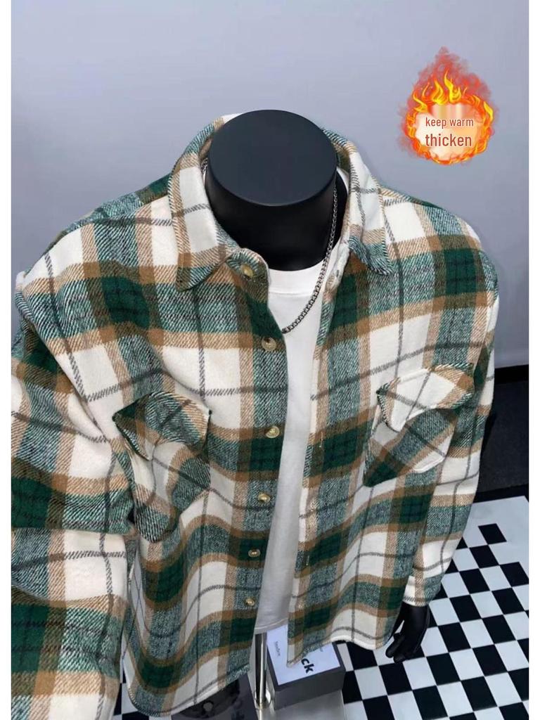 Men's Thickened Plaid Shirt Jacket with Lapel and Pockets - Autumn/Winter