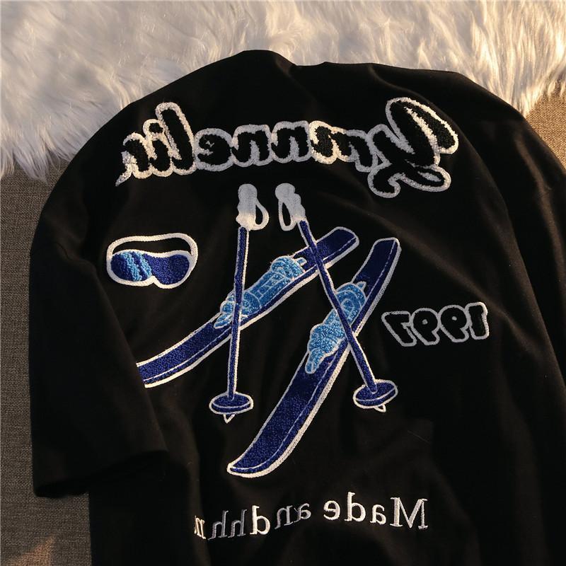 Модная мужская футболка из чистого хлопка с короткими рукавами, свободный топ с рукавами пять четвертей в американском стиле, уличный гонконгский стиль XL  чёрный