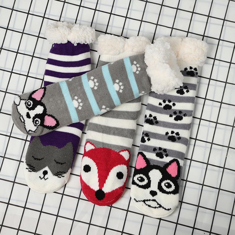 Fuzzy thermal Socks Women Winter Funny Cat Dog Cute Kawaii Non Slip Cartoon Sleeping Soft Comfy Female Floor Slippers Sock