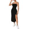 Robe Midi Slim d'Été pour Femmes à Bretelles Spaghetti Réglables Sans Manches Taille Haute Fendue