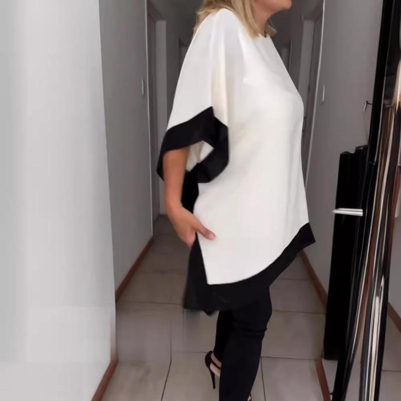 Summer Women's Round Neck Loose Short Sleeved Bat Sleeve Solid Color Patchwork T-shirt for Women