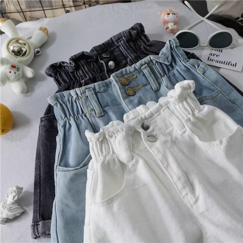 Women's Summer Korean Style A-line Denim Shorts: Casual, Versatile, Elastic Waist, Rolled Hem, Loose, Slimming, Wide Leg.