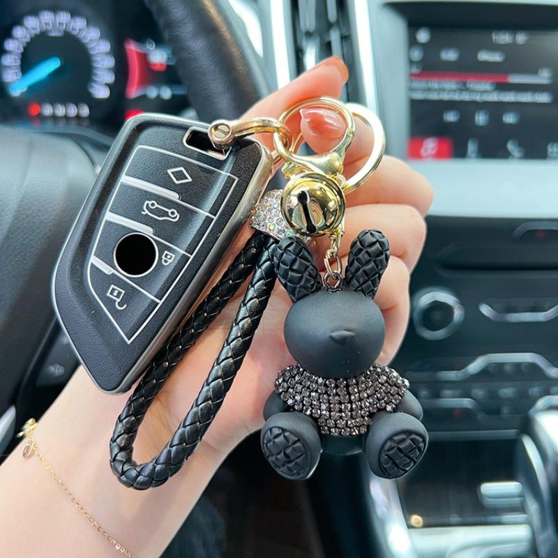 Cute Cartoon Diamond Studded Rabbit Car Keychain, Fashionable Woven Rope Keychain, Couple Bag Pendant Small Gift
