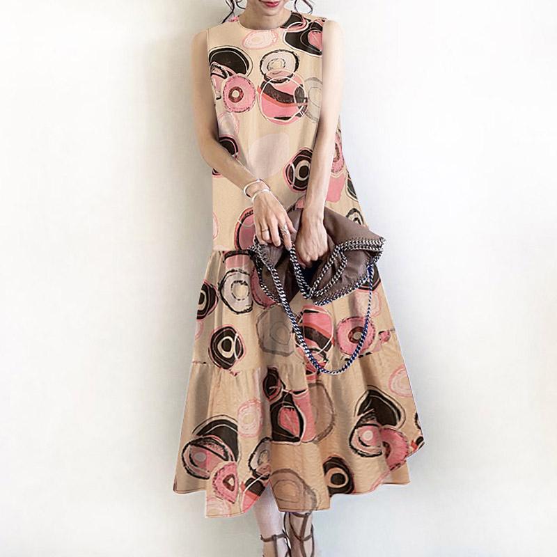 

ZANZEA Женское повседневное летнее платье с круглым вырезом, без рукавов, свободного кроя, с принтом XL