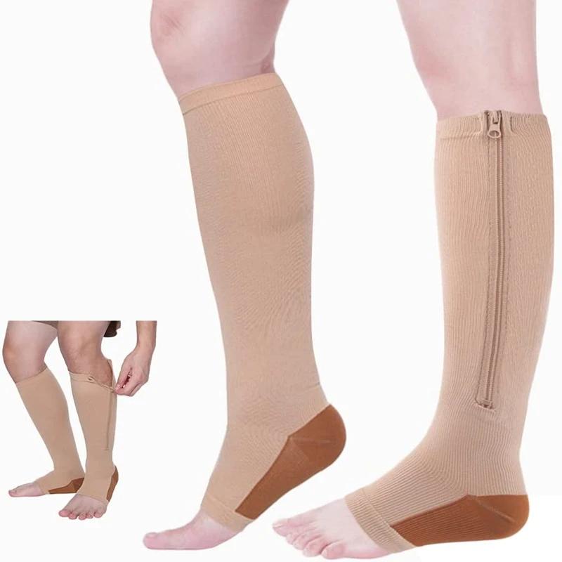 1 Pair Zipper Calf Compression Socks Knee High Open Toe Support Graduated Medical Varicose Veins Hosiery for Men Women