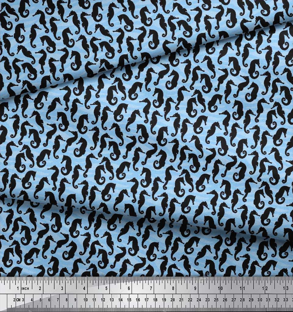 Soimoi Japan Crepe Satin Fabric Sea Horse Ocean Printed Craft Fabric by the metre 42 Inch
