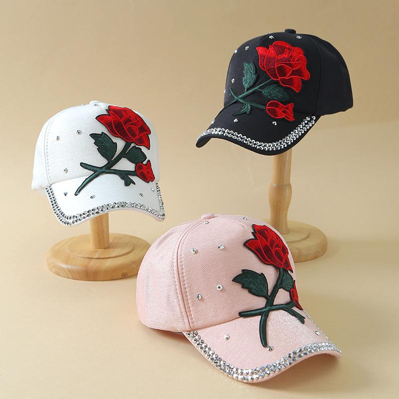 Fashion Rose Baseball Cap with Rhinestone Ball, Summer Outdoor Sun Protection Hat, Trendy Visor Cap for Women