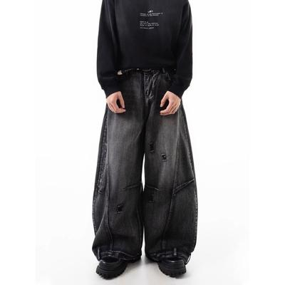 Blugi largi pentru bărbați, cu aspect uzat, cu design patchwork, talie joasă, amestec de bumbac ușor elastic, stil vintage streetwear