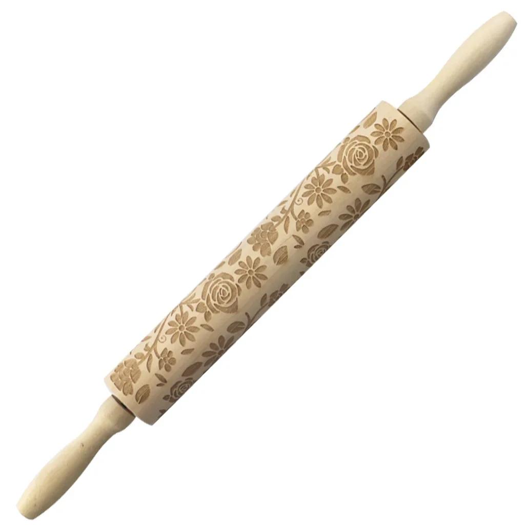 Christmas Decoration Baking Pastry Tool New Year Dough Stick Embossing Roll Pin Laser Wooden Christmas Rolling Pin