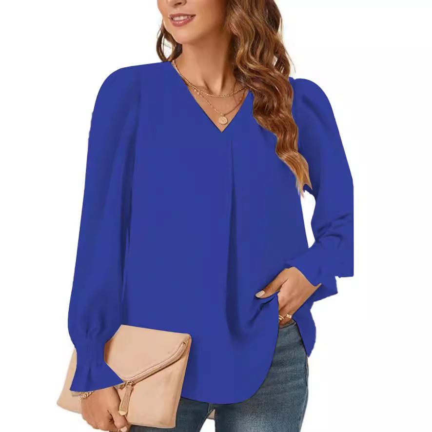 Maglione con scollo a V per donna, tinta unita, manica lunga, arricciato, ampio, casual, alla moda, elegante, da lavoro, manica lunga, traspirante, leggero, morbido