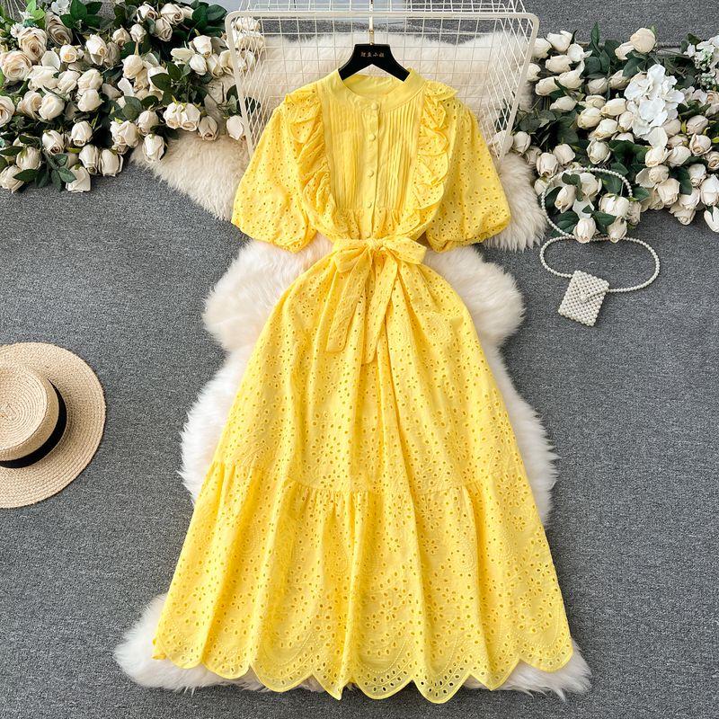 

Age-Reducing Spring and Summer New Arrival Machine Embroidery Silm Dress Yellow One size