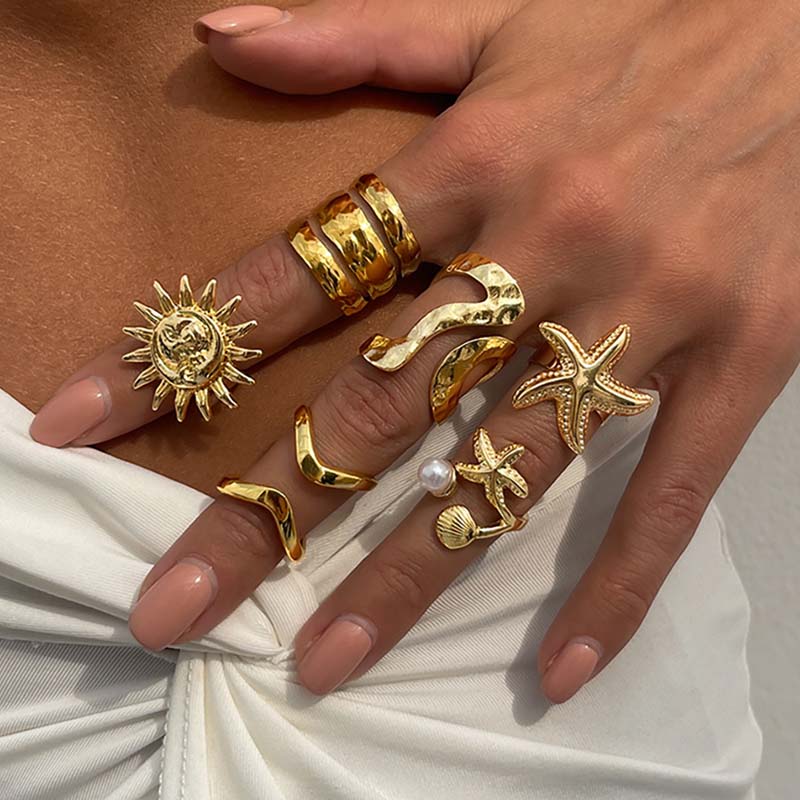 6Pcs/Set Vintage Gold Color Starfish Shell Rings Set For Women Exaggerated Metal Large Pearl Star Knuckle Rings Beach Jewelry
